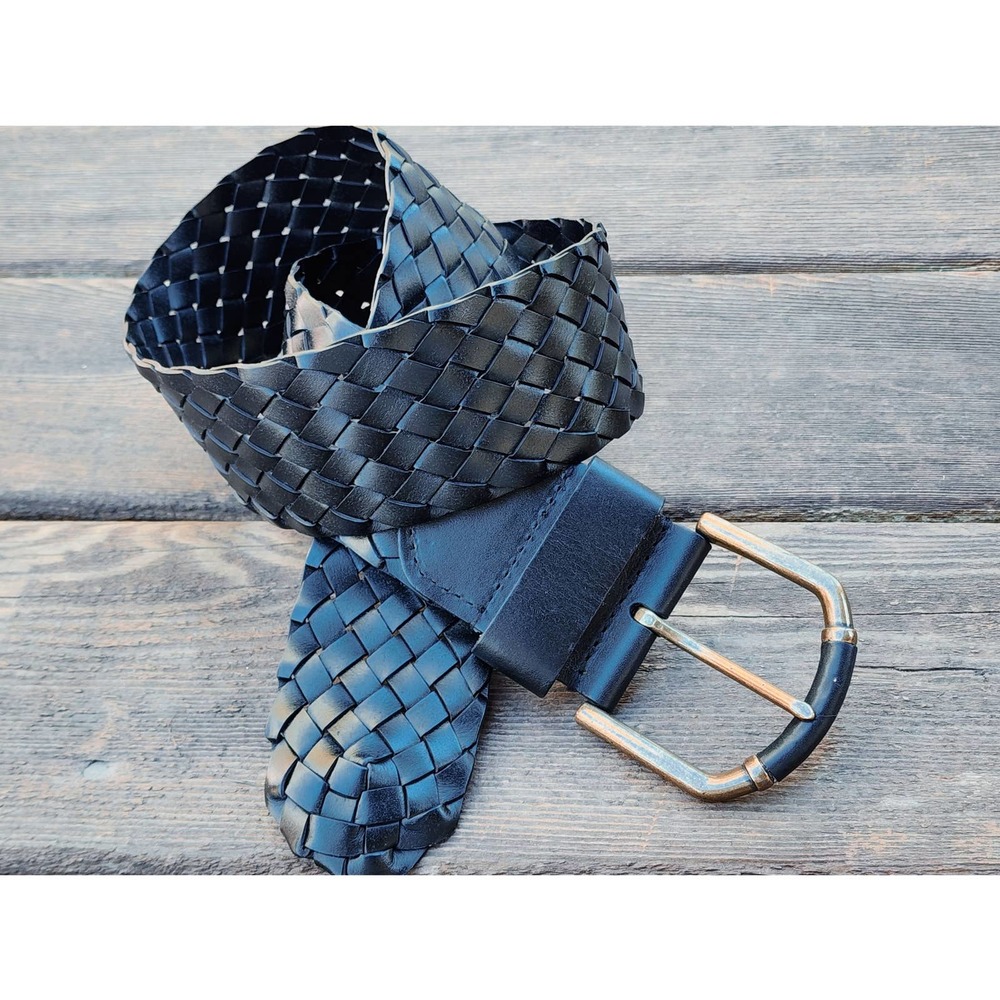 Talbots Wide Woven Black Leather Belt Antique Gold Buckle Everyday Wear M